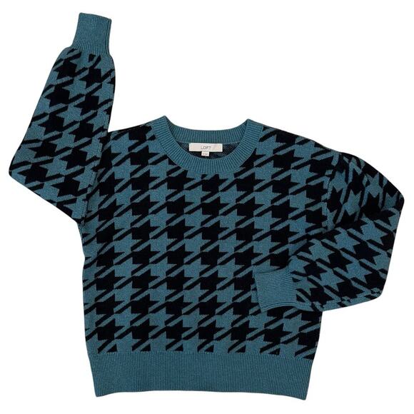 NWOT Loft Sweater Turquoise Black Houndstooth Size XS Crewneck Soft - Picture 4 of 6